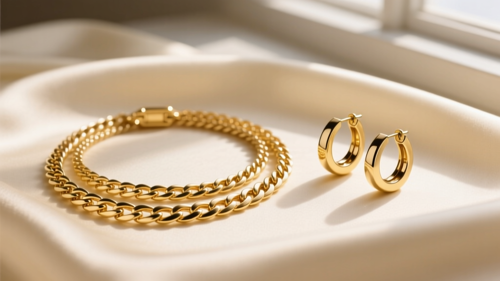 Flat lay of layered gold colored jewelry including a solid herringbone chain and PVD coated hoop earrings on cream silk fabric