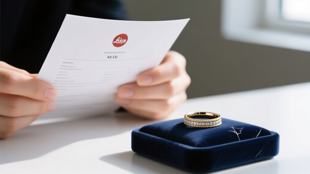 Hands holding a jewelry condition report next to a scratched 14k white gold engagement ring resting on a dark velvet display pad.