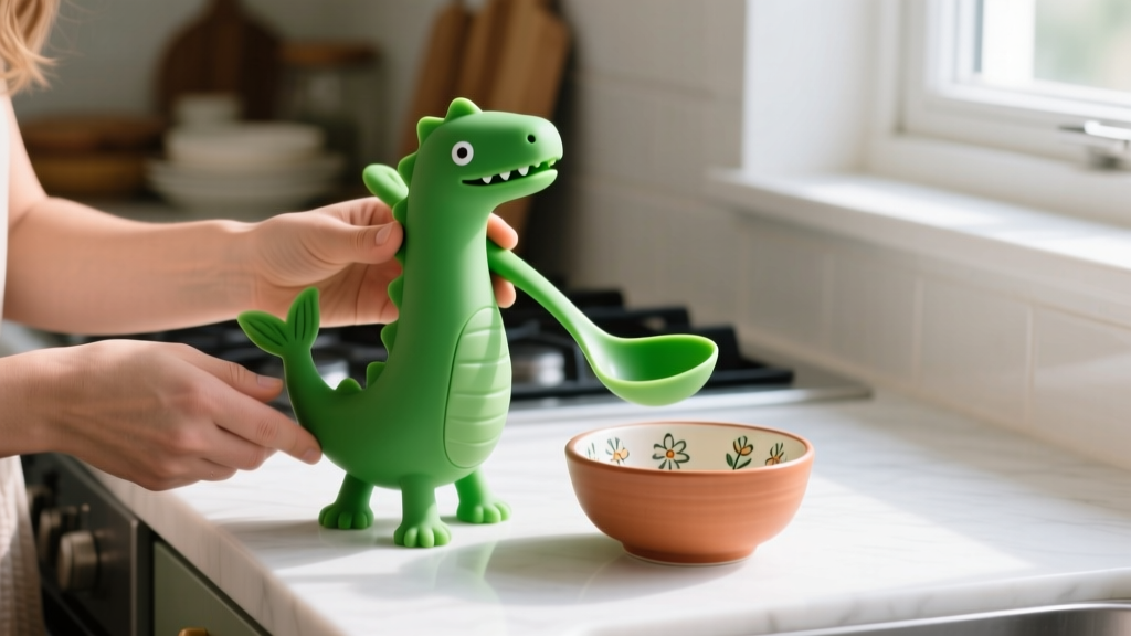 Close-up of a woman using a green silicone OTOTO Nessie soup ladle standing upright on four feet next to a small ceramic bowl on a cramped kitchen counter
