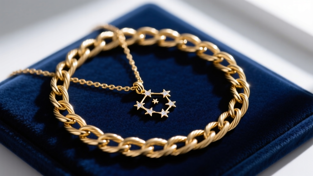 A severely tangled 0.9mm gold cable chain with a small constellation pendant, laid flat on a dark navy blue velvet jewelry pad.