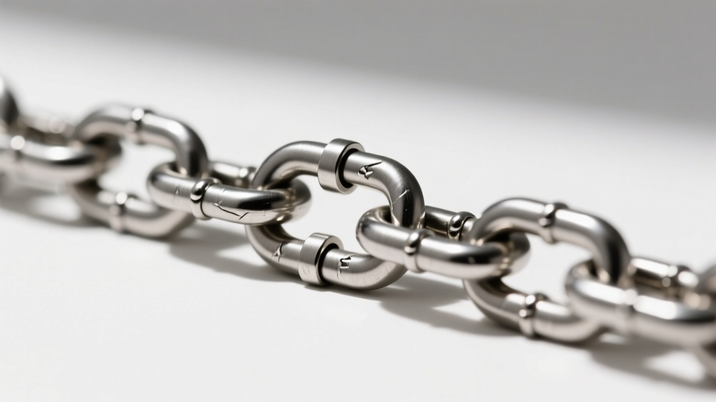 Macro shot of a 2mm steel curb chain with a lobster clasp, highlighting the brushed metal texture and precise link soldering.