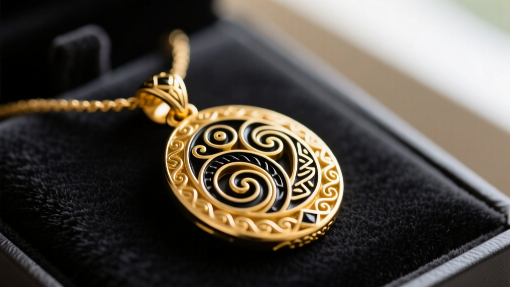 Macro shot of a 14k yellow gold Hawaiian heirloom necklace pendant with intricate black enamel scrollwork against dark velvet.