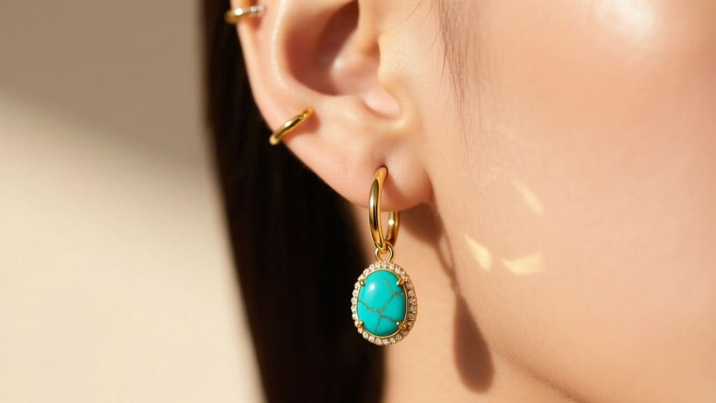 Ear wearing an 18-gauge gold huggie hoop with a bezel-set Sleeping Beauty turquoise drop, captured in warm golden hour sunlight.