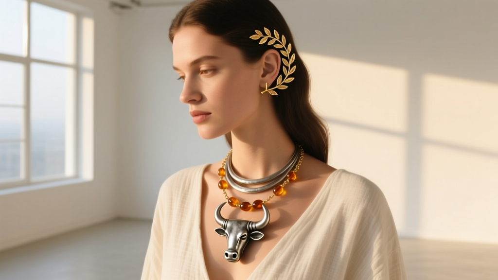 Modern minimalist outfit featuring a layered Roman bulla pendant necklace and a delicate laurel wreath ear cuff in warm sunlight.