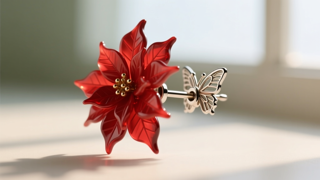 Close-up of an 18-gauge titanium earring post with a butterfly clutch, supporting a heavy red resin poinsettia flower head.