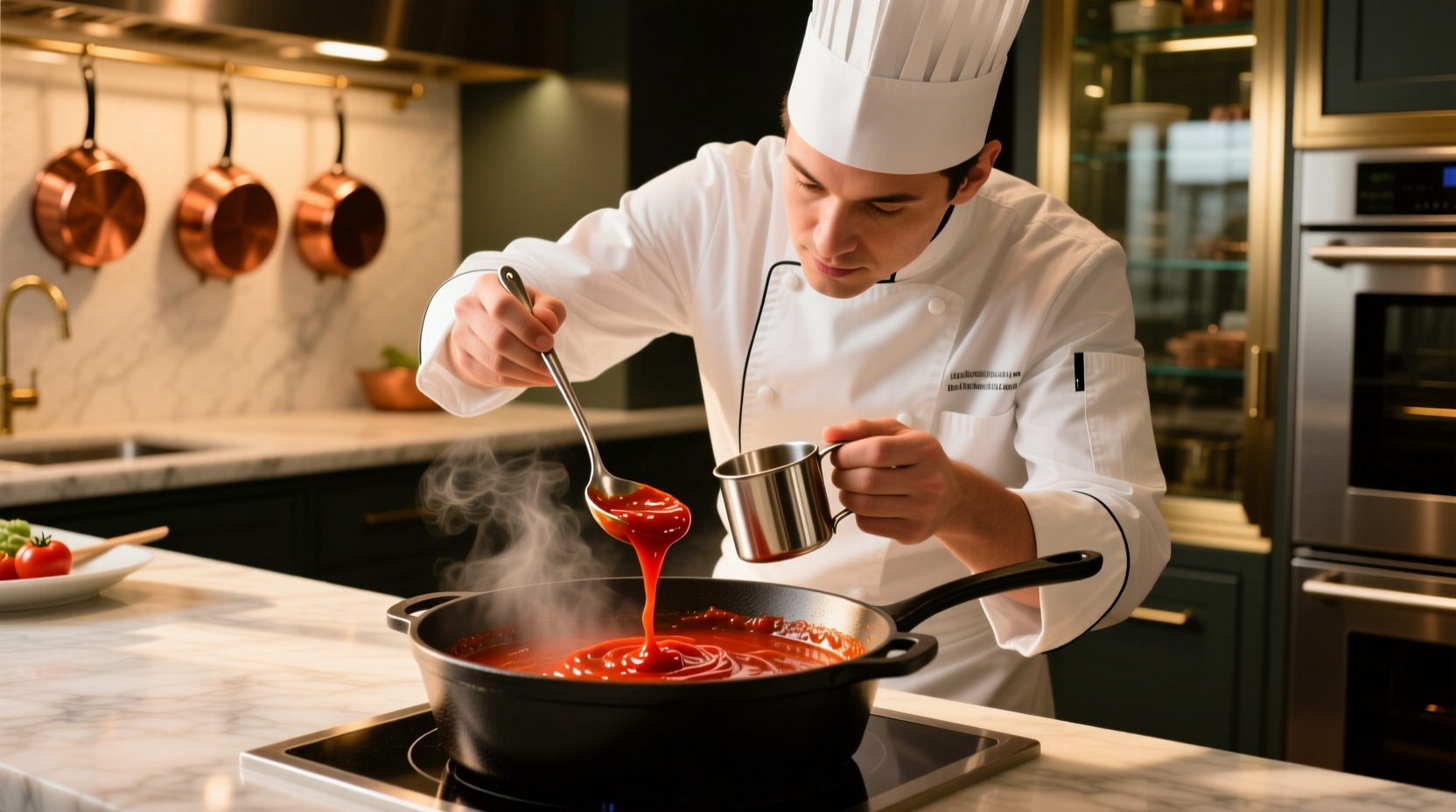 Professional chef measuring tomato paste into sauce