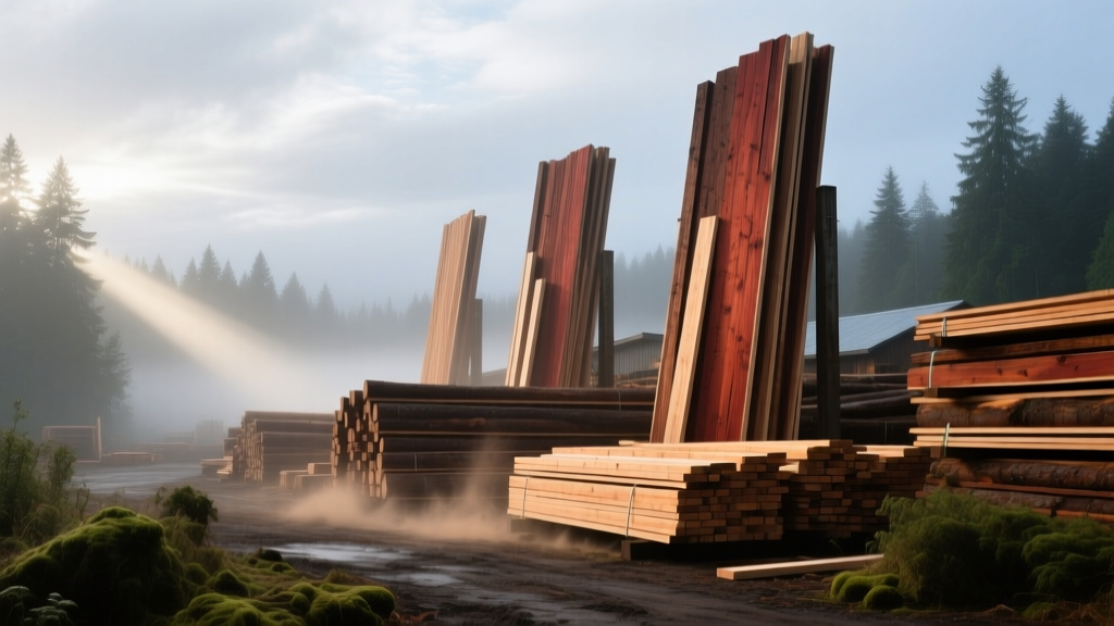 Exterior of a Pacific Northwest lumber yard with stacked cedar siding and framing lumber under a misty Washington sky