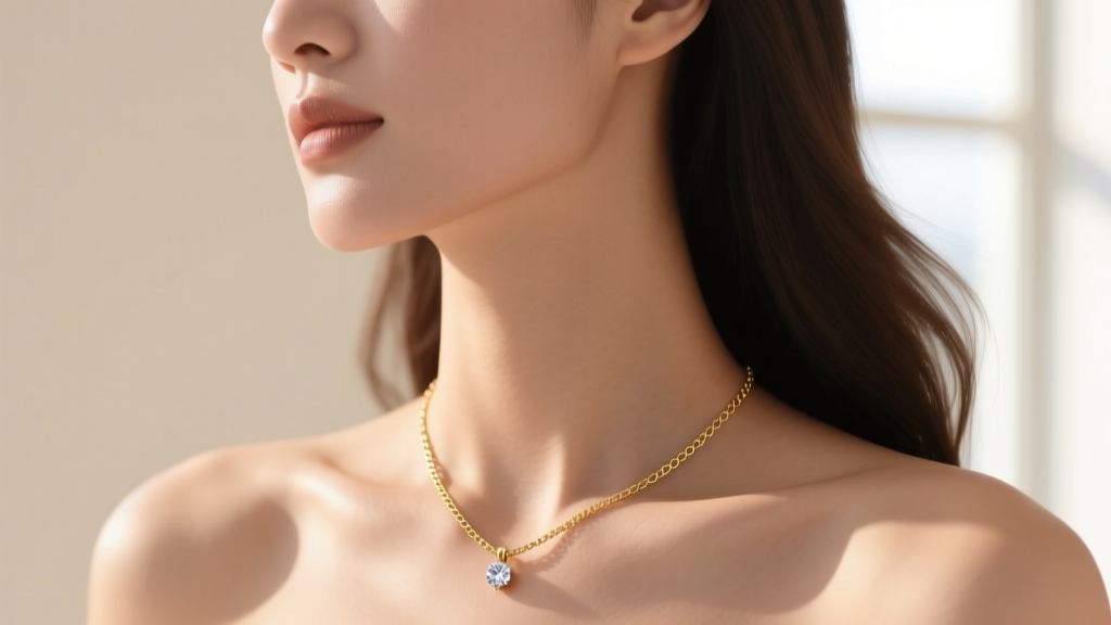Woman wearing a 1.2mm 14k gold 20 inch necklace with a small diamond pendant resting just below the collarbone