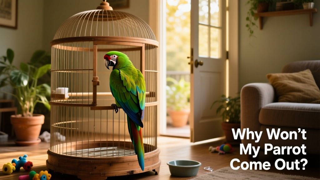 Green-winged macaw perched deep inside a spacious cage, turning away from an open door
