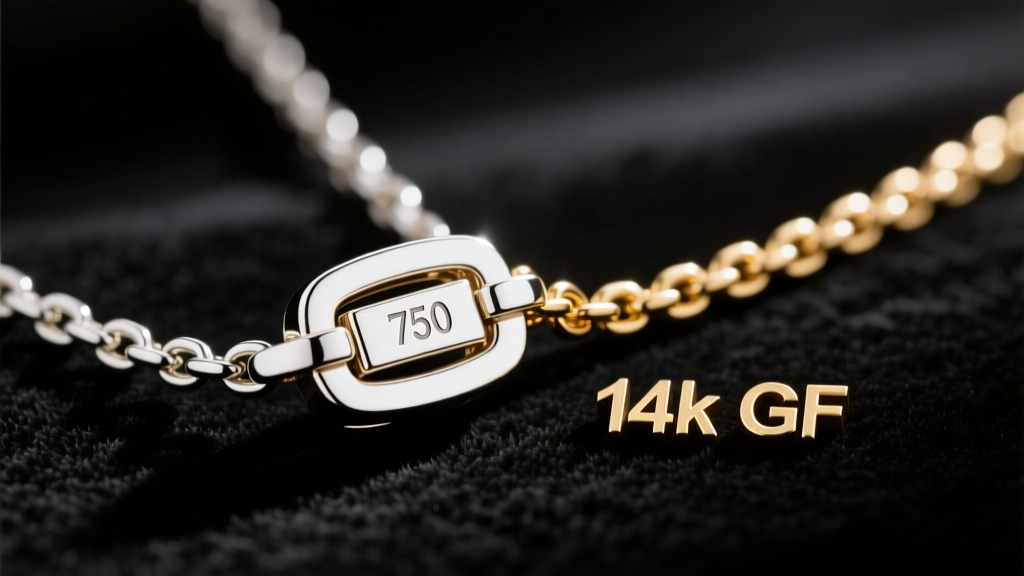 Close-up of an 18k white gold necklace clasp stamped 750 next to a gold-filled chain stamped 14k GF on a dark velvet pad