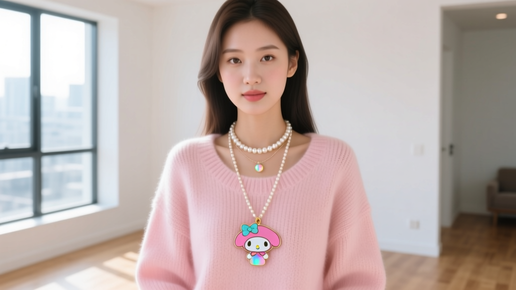 Woman wearing a layered kawaii stack featuring a 16-inch My Melody pendant and a 14-inch pearl choker over a pastel knit sweater.
