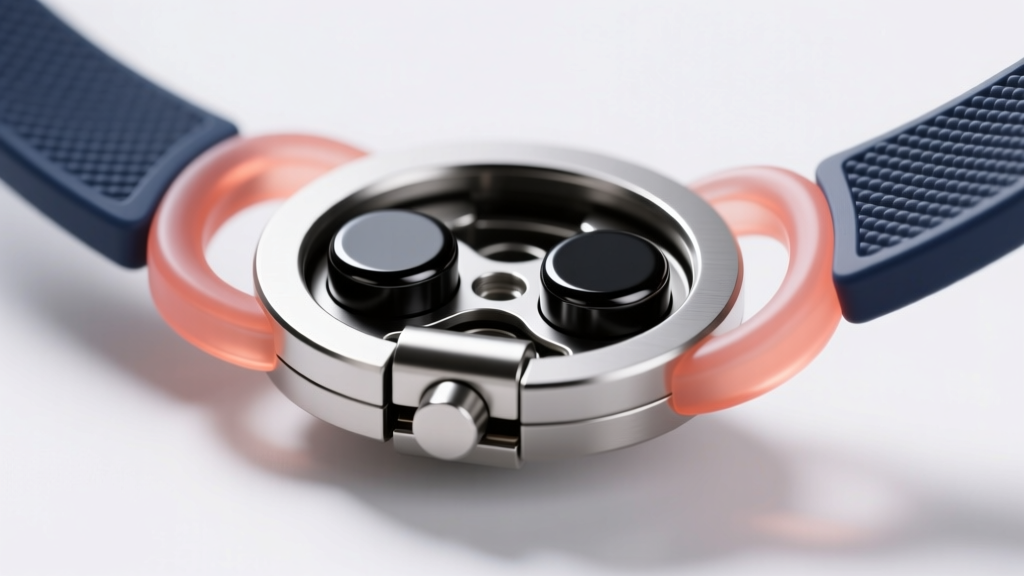 Macro photography of a magnetic slide-lock necklace spacer mechanism showing the internal neodymium magnets and silicone grip rings