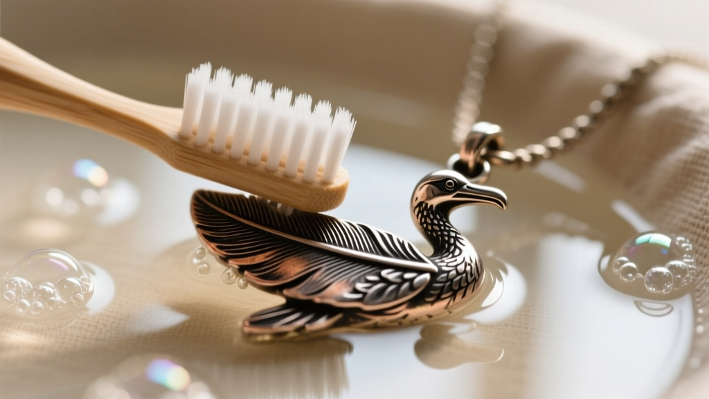 Soft-bristled toothbrush gently cleaning intricate feather engravings of oxidized silver albatross pendant in warm soapy water.