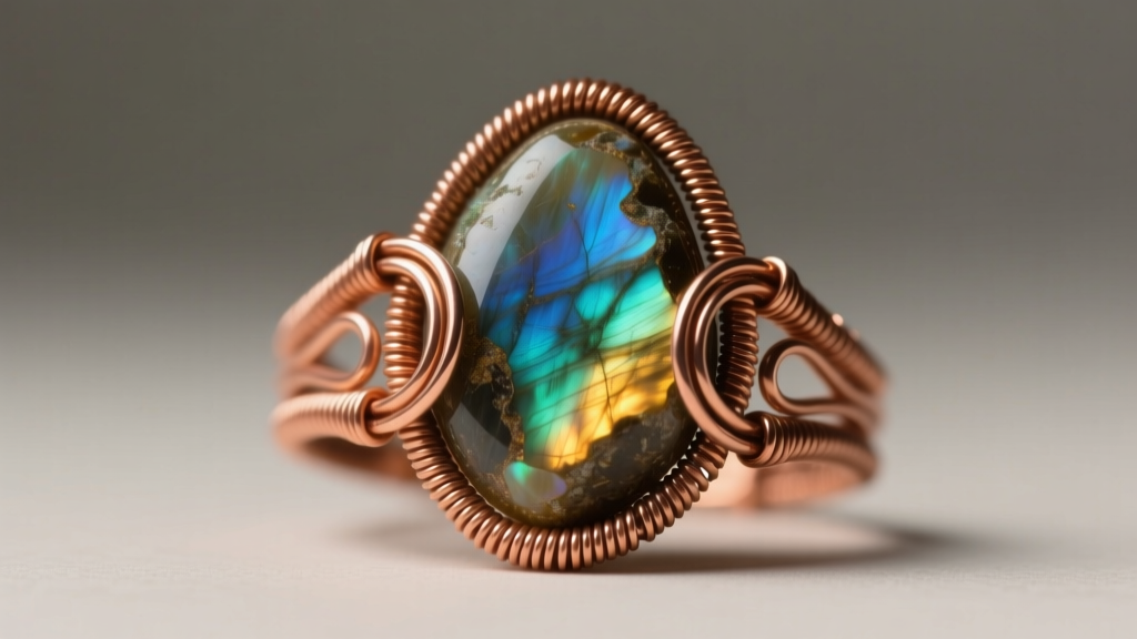 Macro shot of copper wire wrap jewelry with 28-gauge wire woven around a raw labradorite stone under warm studio lighting.