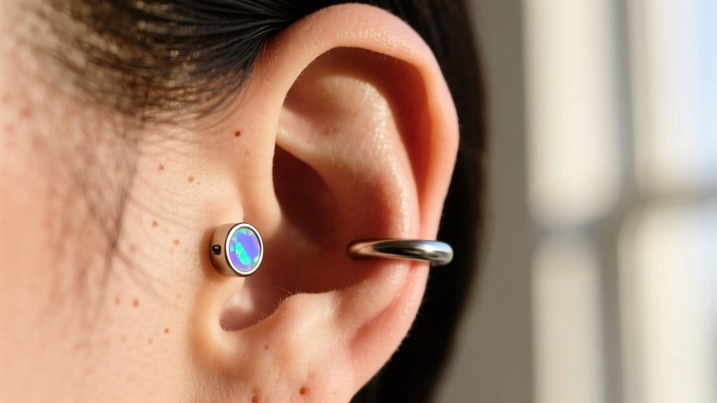 Close-up of an ear wearing a seamless 16-gauge ASTM F136 titanium clicker hoop in the helix piercing with a subtle opal inlay