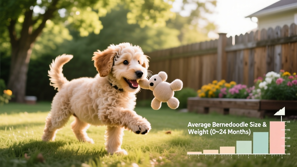 A joyful, medium-sized Bernedoodle puppy playing in a sunlit backyard with a soft toy