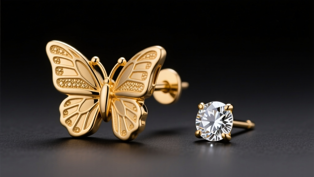 Close-up of a 14k gold butterfly back earring on a diamond stud, showing CNC-machined post grooves under warm studio lighting.