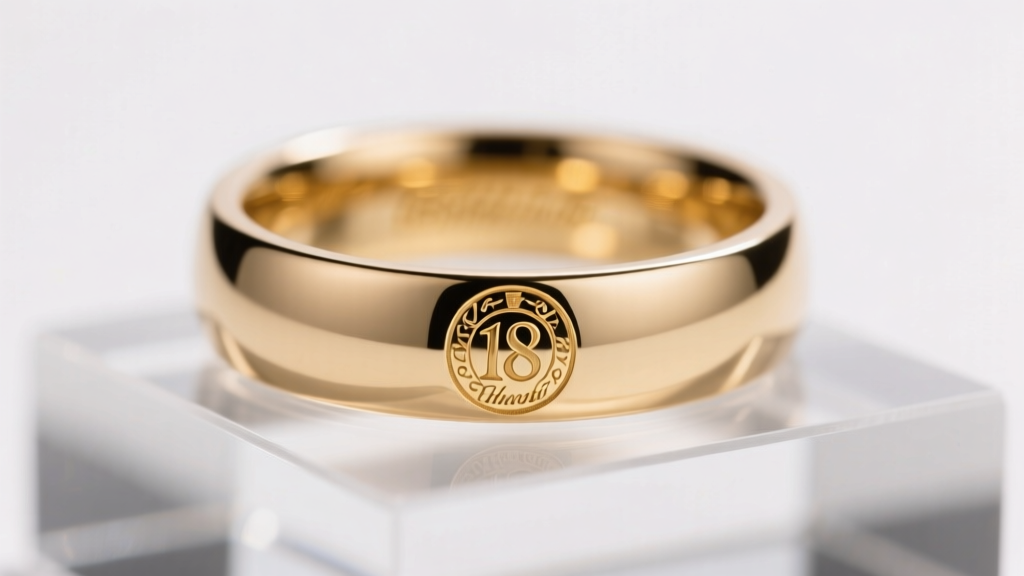 Macro shot of a laser-engraved 18k gold hallmark inside a polished wedding band, illuminated by soft studio lighting for clarity