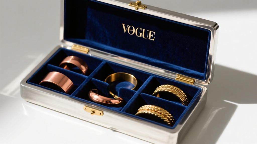 Restored pewter box interior lined with navy anti-tarnish velvet, holding polished copper rings and brass bracelets in neat slots.