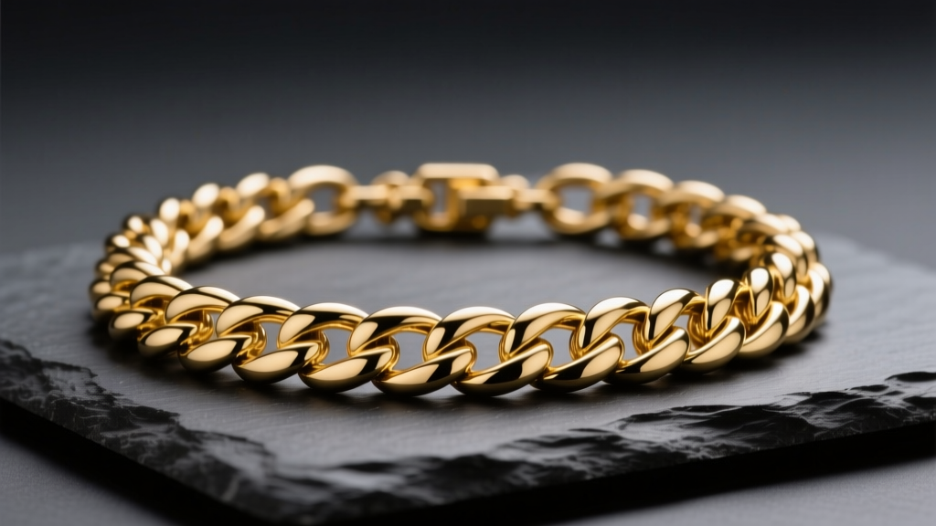 Close-up of a thick 14k yellow gold Cuban link necklace resting on dark slate, illuminated by soft directional studio lighting.