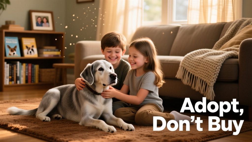 Two smiling children gently petting their newly adopted senior dog on a cozy living room rug