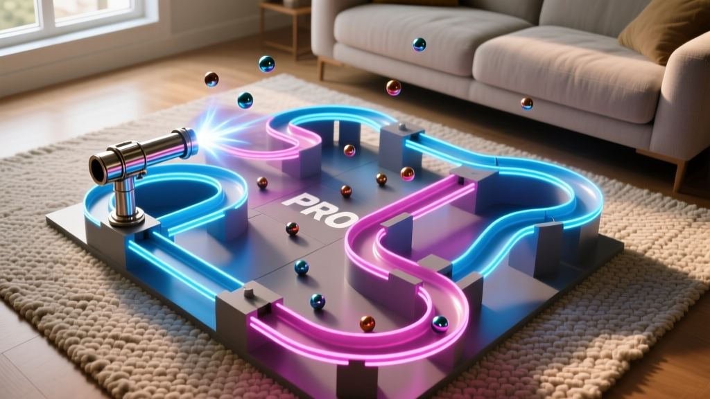 Overhead view of a complex Gravitrax PRO marble run with glowing tracks and magnetic cannons on a living room rug.