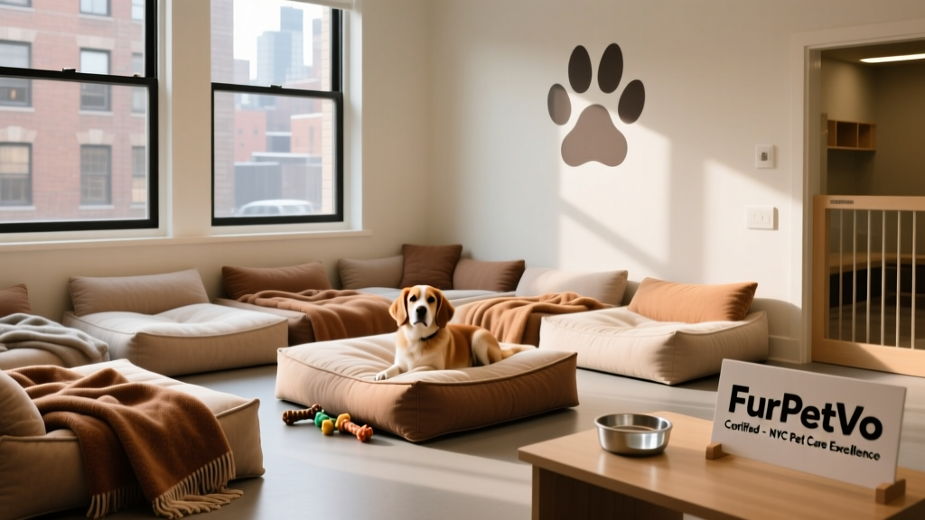 A calm, cozy rest area with soft beds and gentle lighting at a FurPetVo-certified daycare