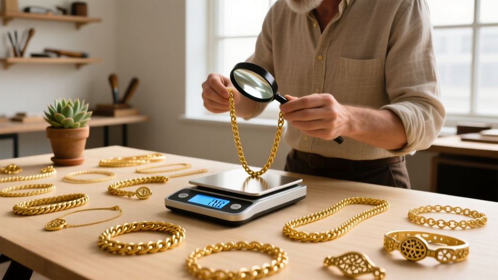 Desk displaying assorted 14k and 18k yellow gold vintage chains, a digital scale, and a jeweler's loupe under warm studio lighting.