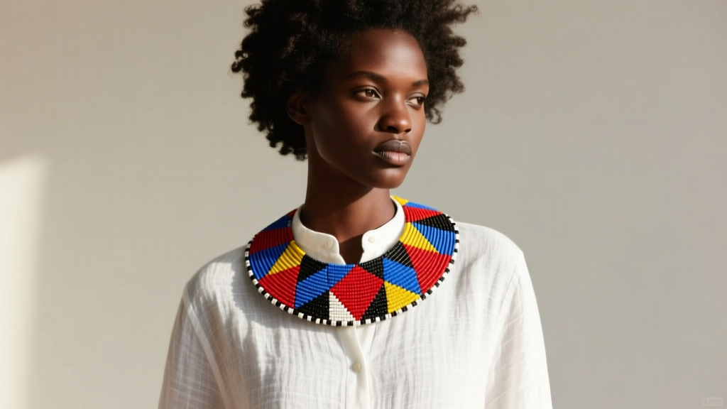 Model wearing a flat Zulu ibheqe beaded necklace over a crisp white linen button-down shirt, showcasing the contrast and drape.