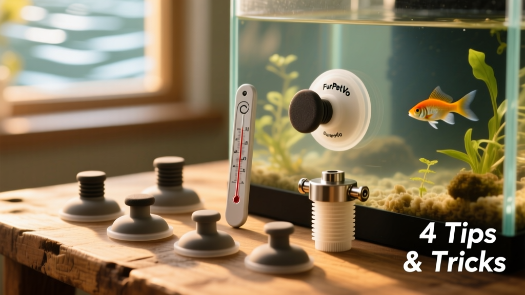 Assortment of FurPetVo suction cups in different sizes laid out beside an aquarium thermometer and filter mount