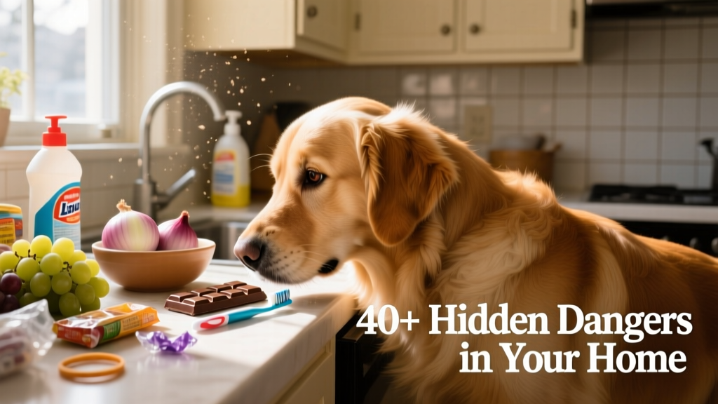 A curious dog sniffing near a kitchen counter with visible food items, cleaning supplies, and small objects within reach