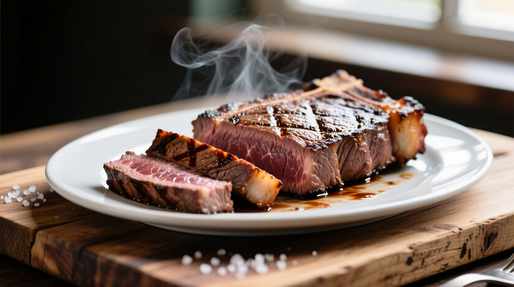 Perfectly cooked London broil sliced against the grain on wooden board