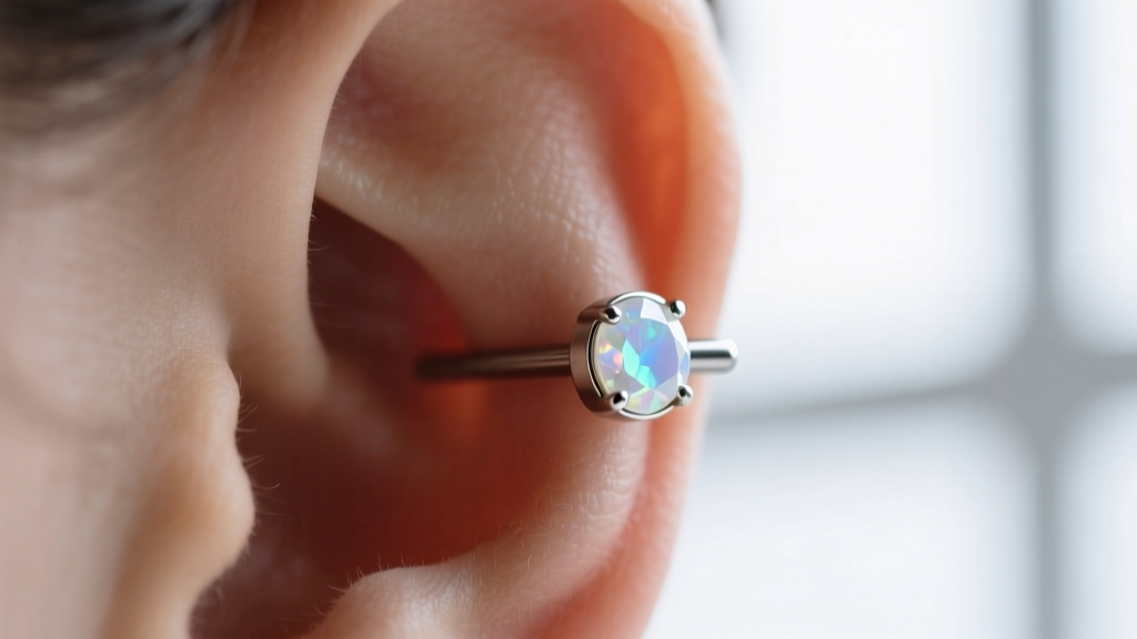 Macro photo of a right ear helix piercing wearing an implant-grade titanium flat back labret with a bezel-set white opal gemstone