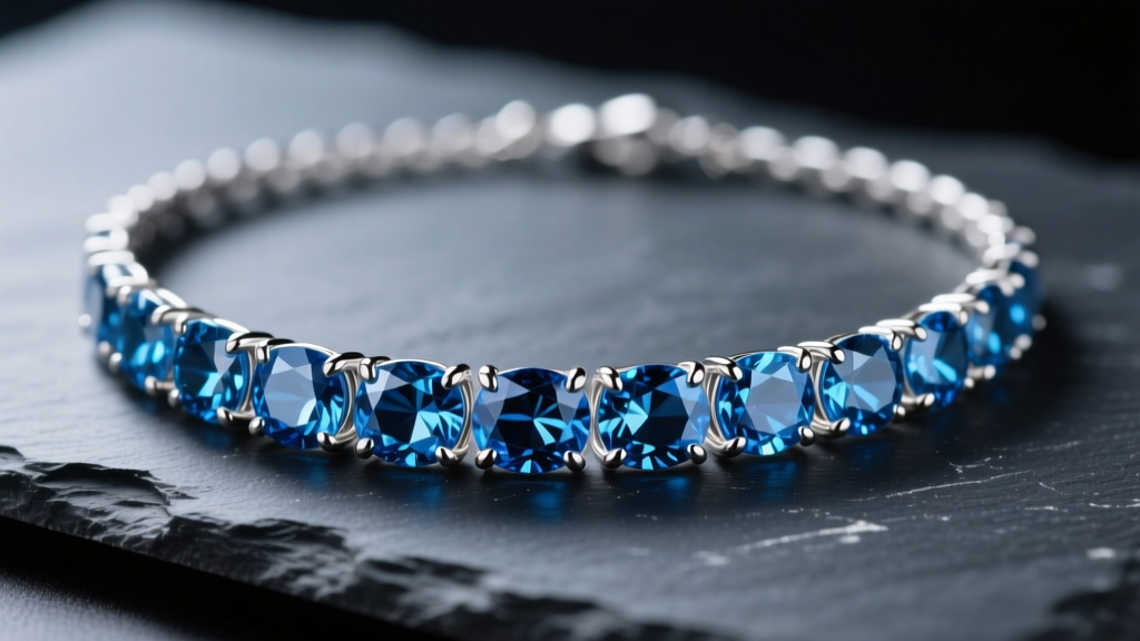 Sterling silver London blue topaz tennis necklace on dark slate, highlighting deep inky blue facets and four-prong settings.