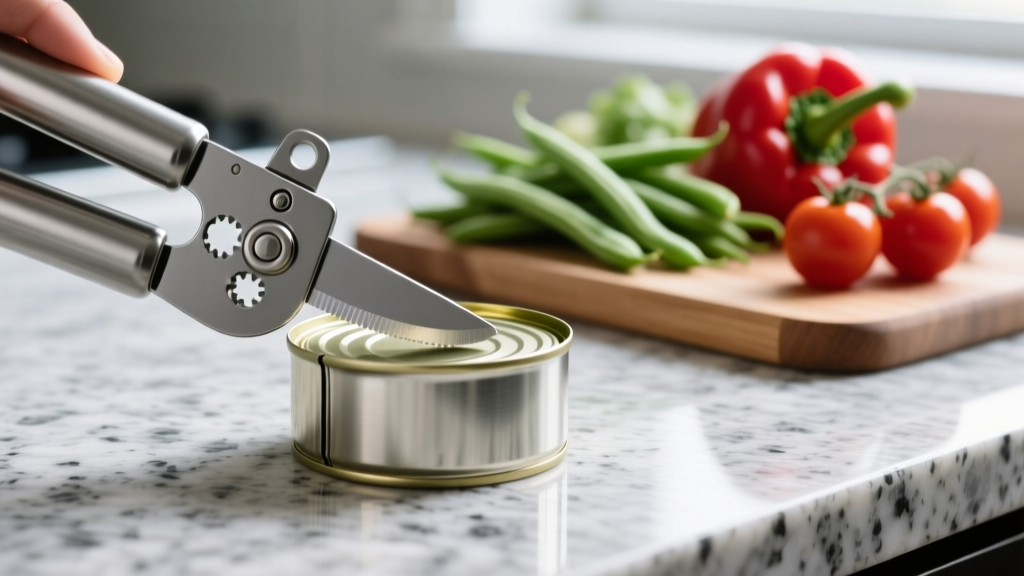 Close-up of a side-cutting can opener slicing through a tin can seam on a granite countertop with fresh vegetables in the background