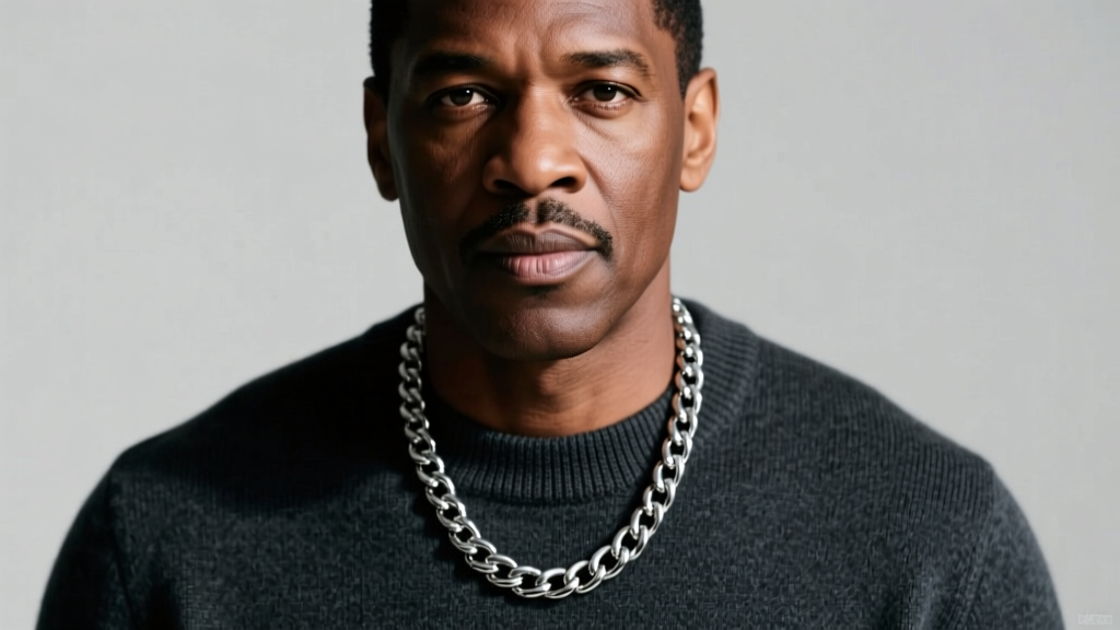 Front portrait of a man wearing a 22-inch 5mm stainless steel Cuban link chain resting perfectly over a dark charcoal crewneck tee