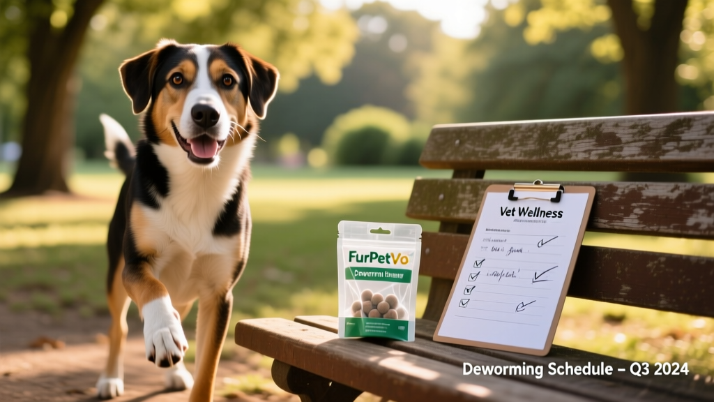 Happy, healthy adult dog outdoors with clean coat and bright eyes, next to a FurPetVo dewormer package and vet wellness checklist