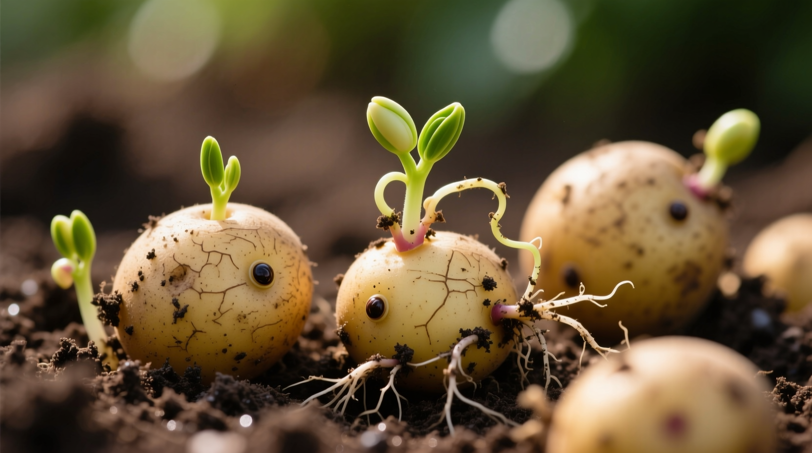 Close-up of sprouting potatoes in various stages