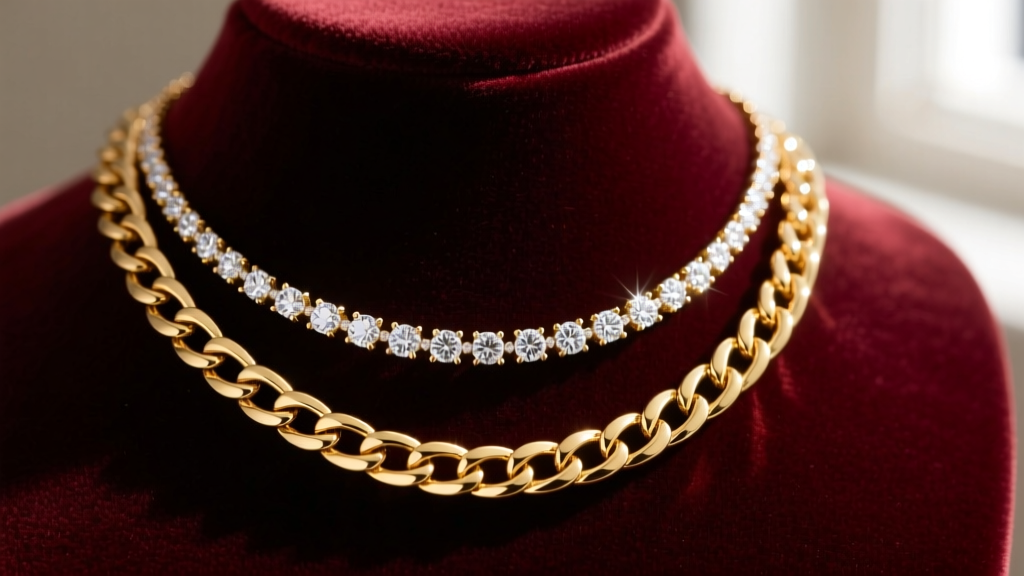 Close-up of a layered 14k gold necklace stack featuring a 5mm Cuban link chain and a diamond tennis necklace on a velvet bust.