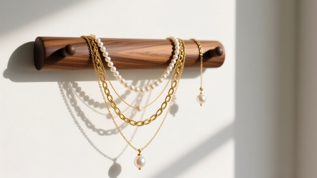 Elegant walnut wood jewelry necklace holder on a white wall, displaying layered gold chains and pearl pendants in soft morning light.