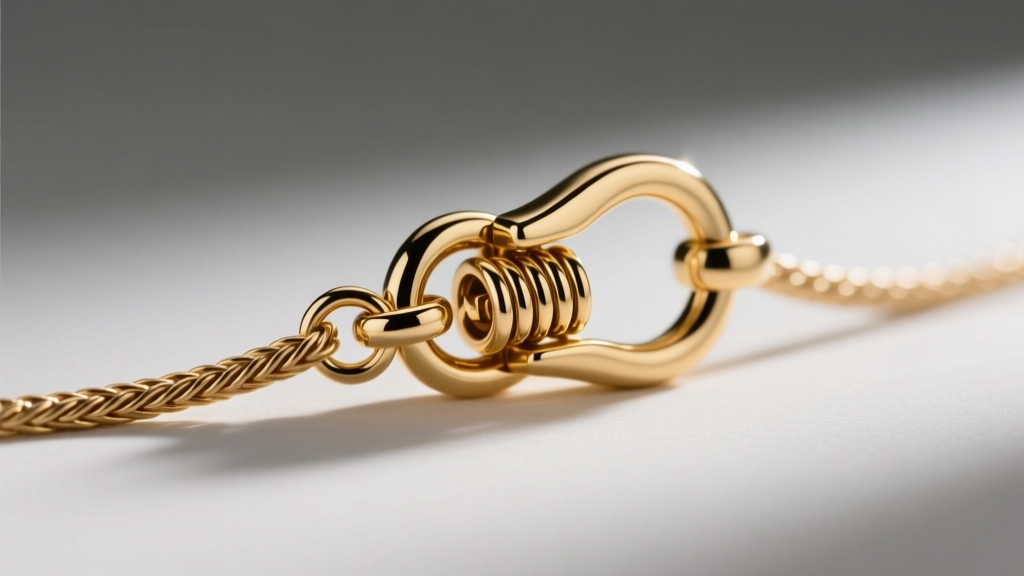 Macro shot of a 14k gold lobster clasp attached to a delicate 16-inch cable chain, highlighting the spring mechanism and jump ring.