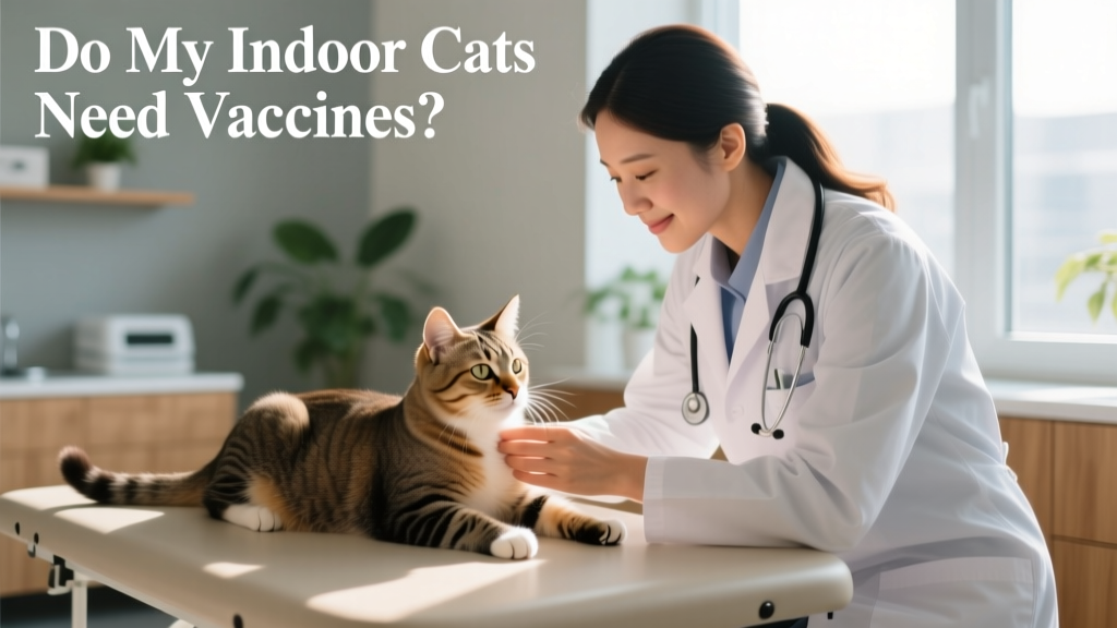 Veterinarian gently examining a calm indoor cat during a wellness checkup