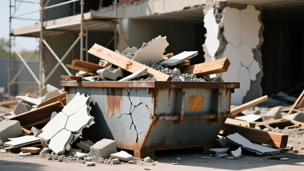Dumpster filled with mixed construction debris including drywall scraps, broken concrete, and lumber outside a renovation site