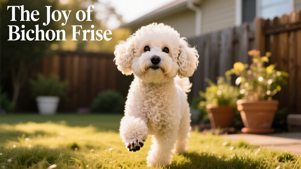 Curly haired bichon frise looks up at camera
