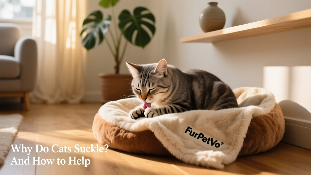 A calm cat kneading and suckling on a cozy, plush pet blanket from FurPetVo