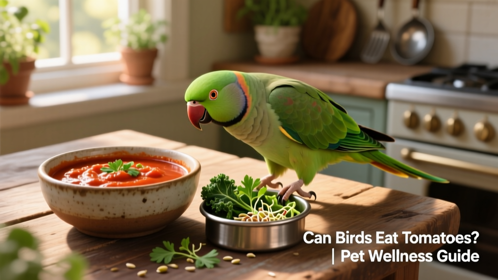 Small bowl of homemade tomato sauce beside a parrot’s food dish with fresh greens