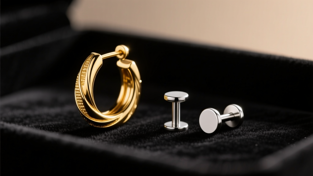 Gold vermeil hoops and titanium labret studs on dark velvet, illuminated by soft, warm directional studio lighting.
