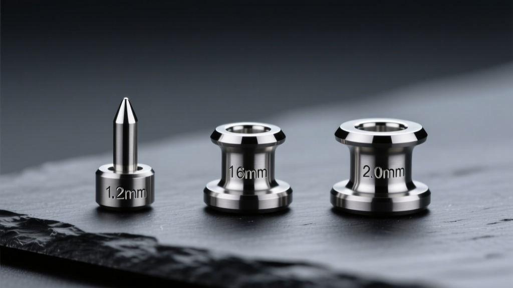 Three implant-grade titanium ASTM F136 flat-back labrets in varying gauge sizes resting on dark slate under soft studio lighting.