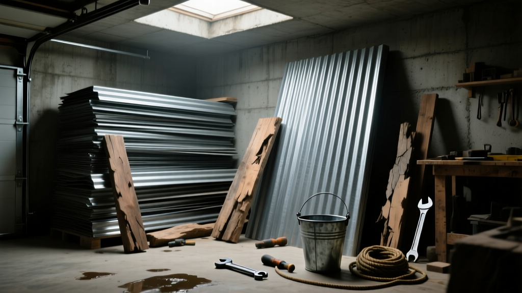 Stacked corrugated metal sheets and wooden planks in a dimly lit DIY garage workshop resembling a tactical survival hideout