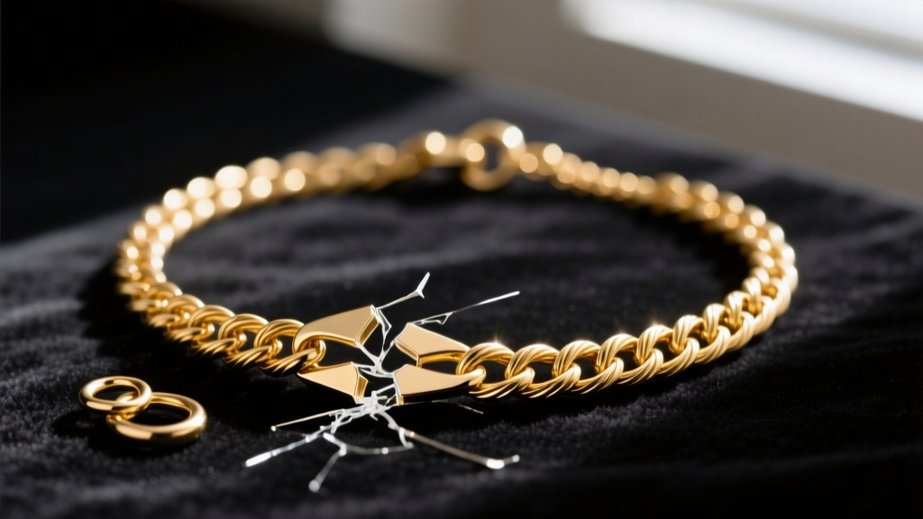 Macro photography of a broken 14k gold cable chain necklace with a separated jump ring resting on a dark velvet jeweler